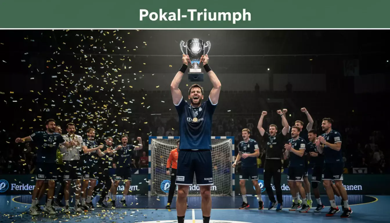 Handball-Spieler hebt den DHB-Pokal in die Höhe nach dem Finale