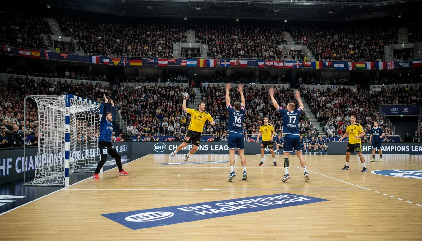 Handball Champions League Spiel in einer großen europäischen Arena