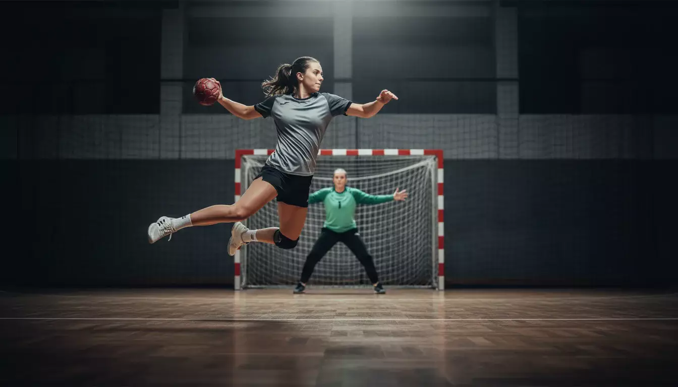 Handballspielerin im Trikot springt hoch und wirft den Ball aufs Tor in einer modernen Sporthalle