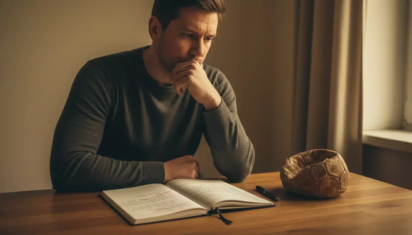 Nachdenklicher Sportfan sitzt vor einem Notizbuch und analysiert seine Handball-Wettstrategie