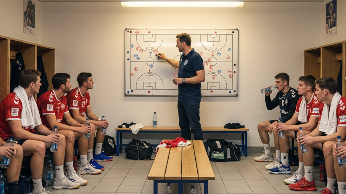 Handball-Mannschaft bespricht Taktik während der Halbzeitpause in der Kabine