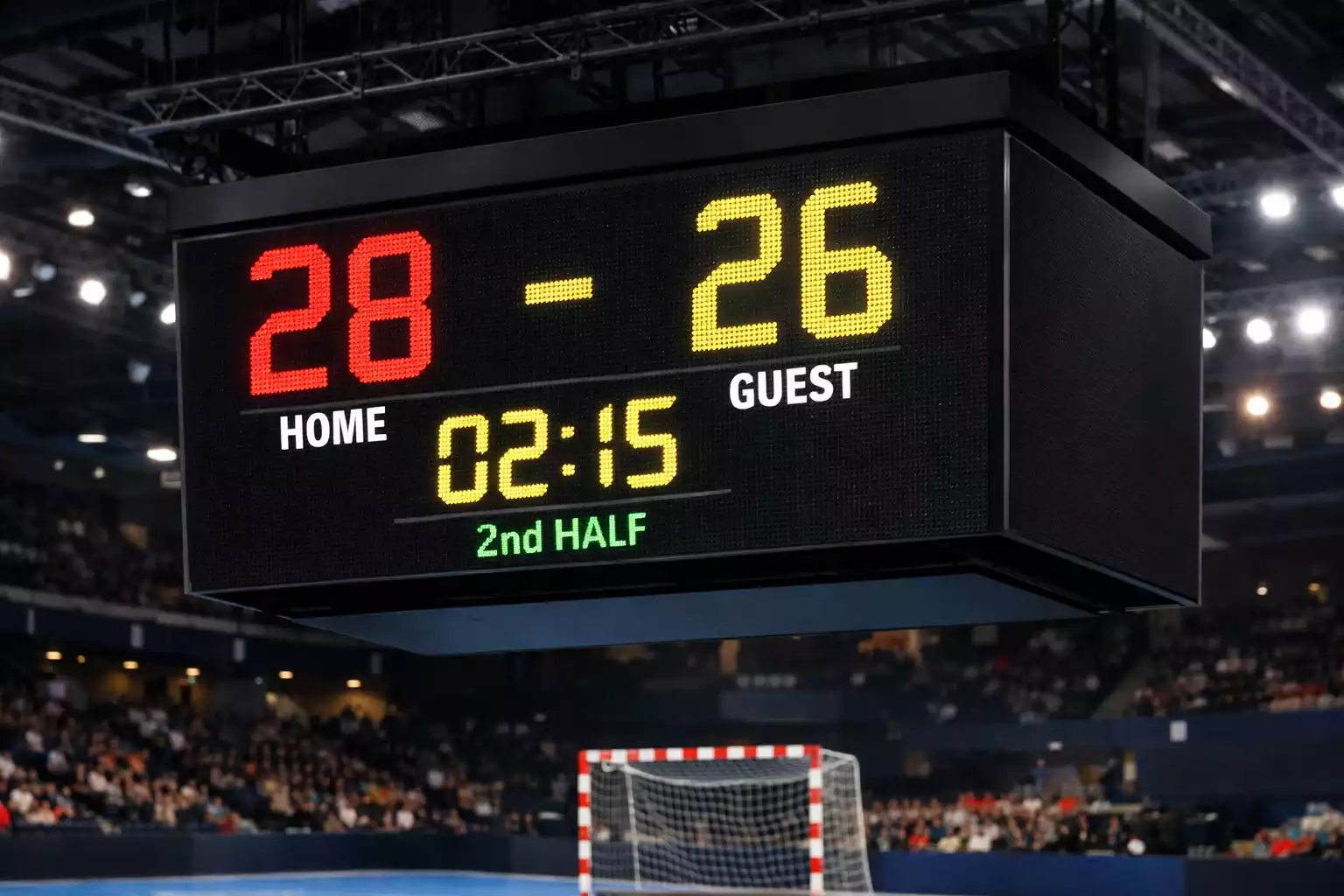 Anzeigetafel mit Spielstand in einer Handballhalle
