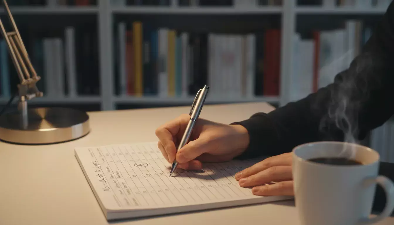 Person plant ein Budget mit Notizbuch und Stift am Schreibtisch