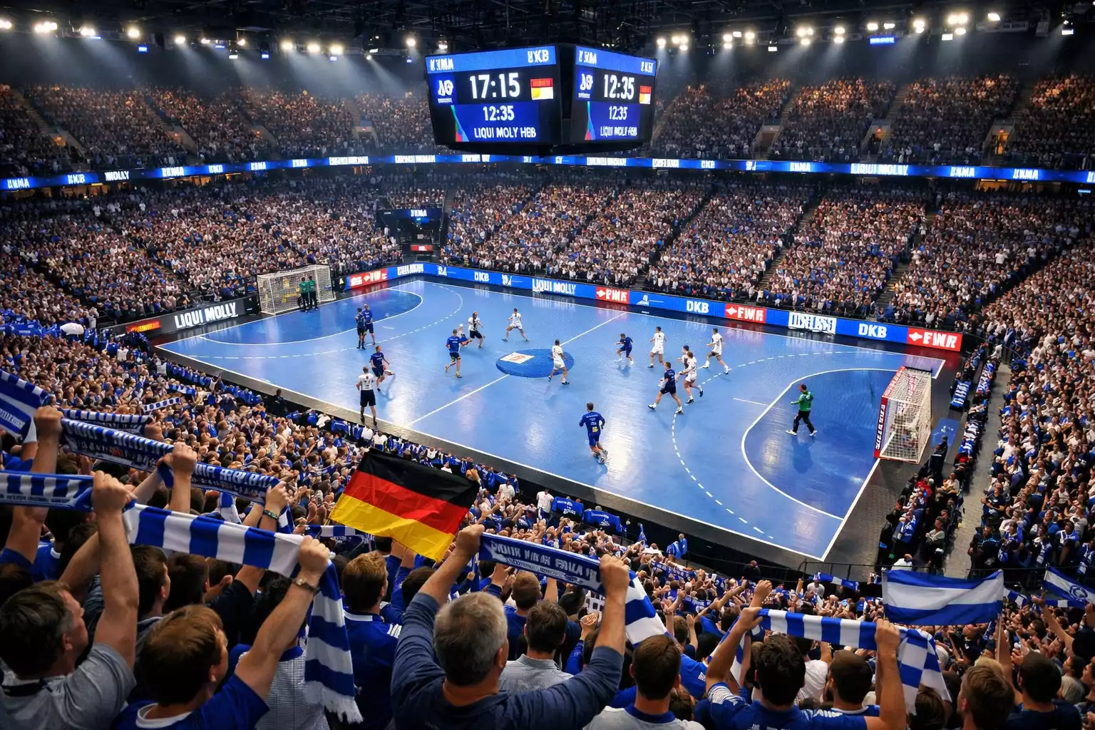 Volle Handball-Arena mit begeisterten Fans bei einem Bundesliga-Spiel