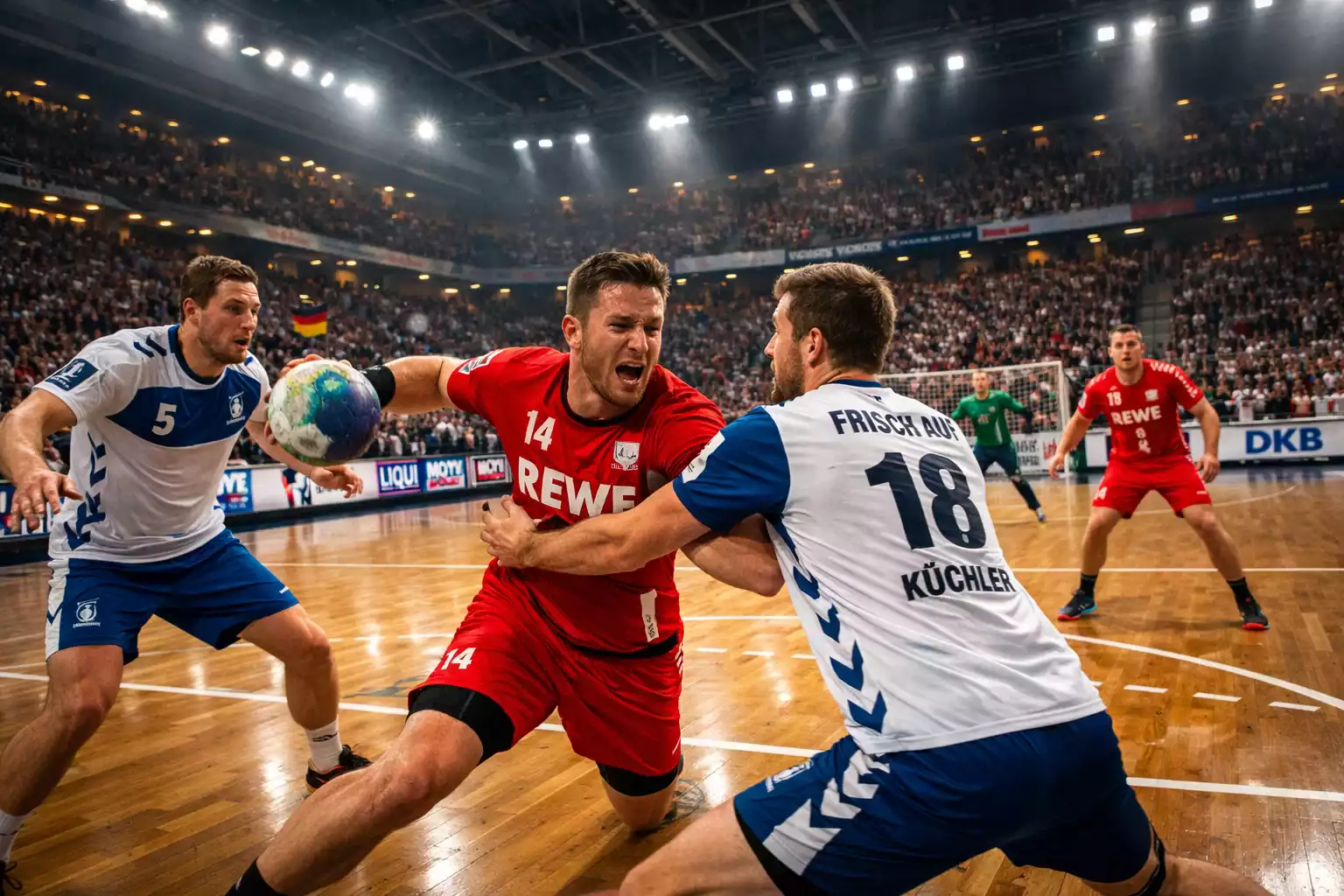 Handball Bundesliga Spielszene in einer vollen Arena