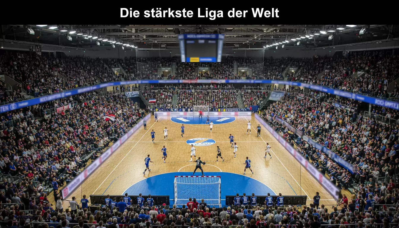 Volle Handball-Bundesliga-Arena mit Fans und Spielfeld von oben