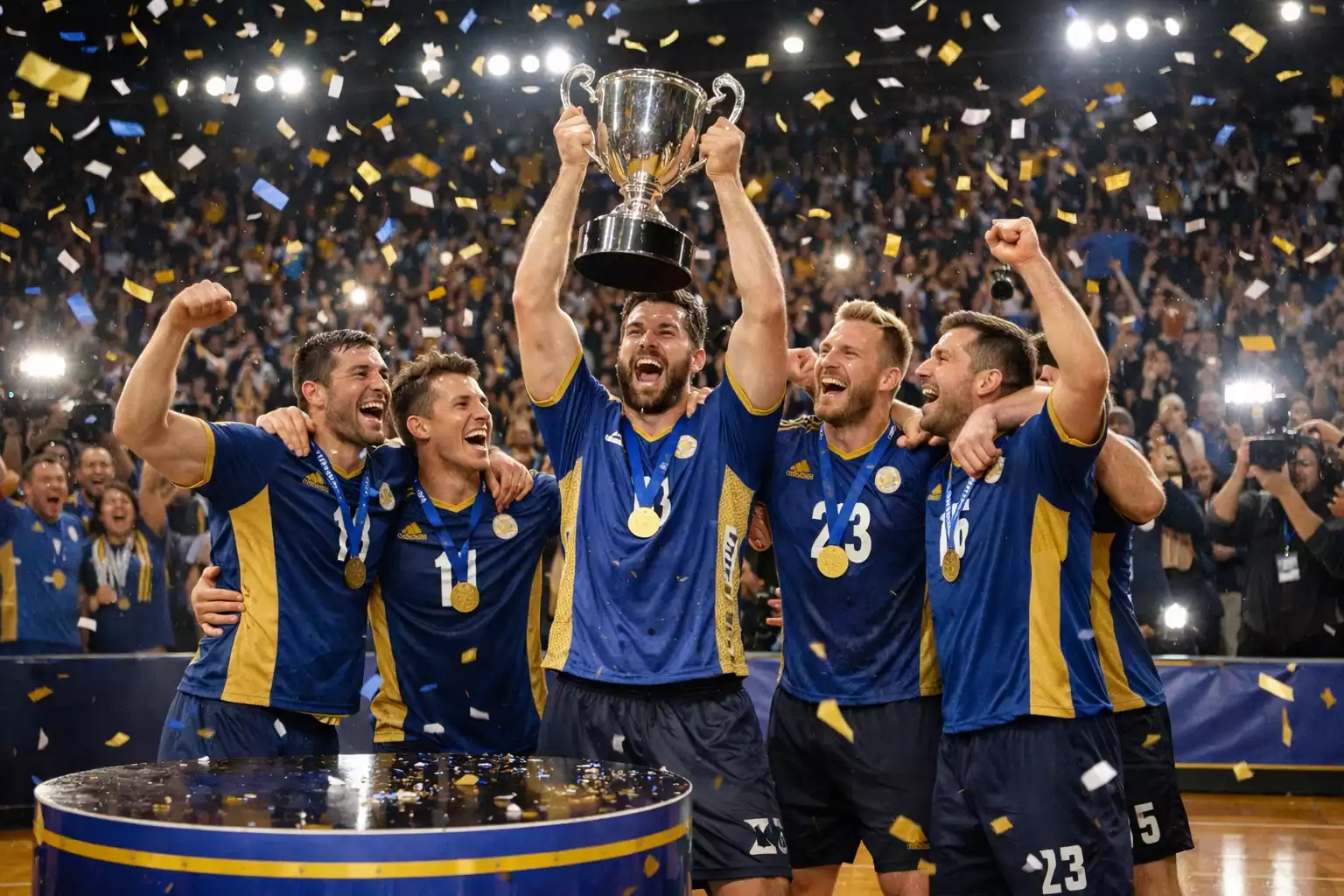 Handball-Team feiert Sieg mit Pokal in großer Sportarena