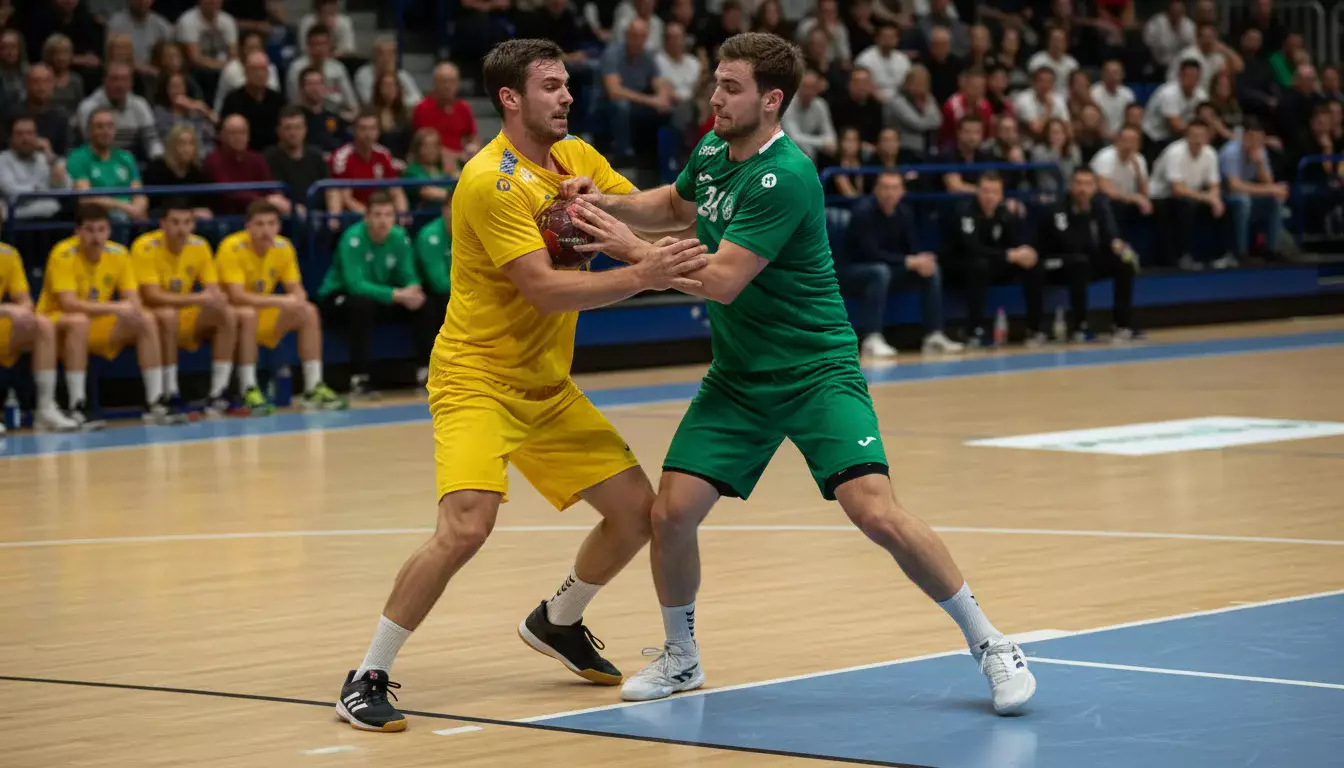 Knappes Handballspiel – Spieler im Nahkampf vor dem Tor