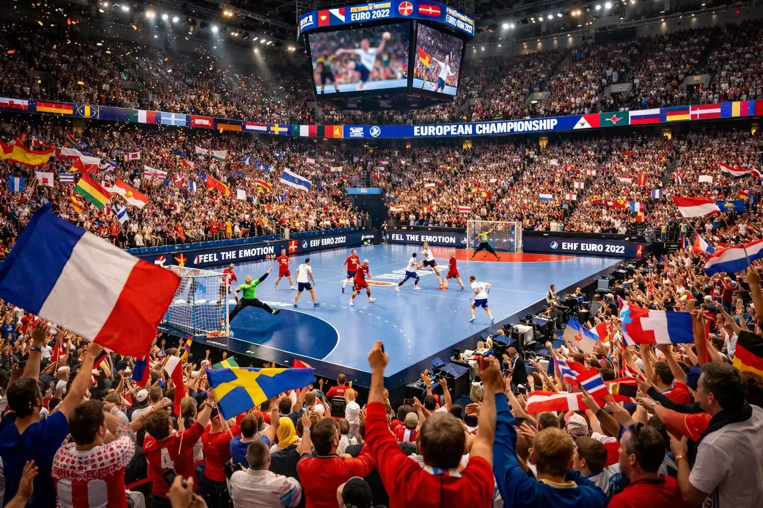 Handball-EM Spielszene mit jubelnden Fans im Hintergrund