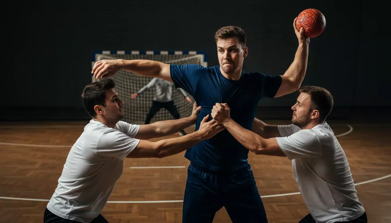 Dominanter Handballspieler setzt sich gegen Verteidiger durch