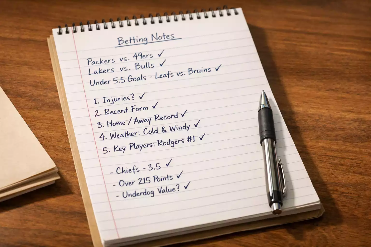 Wettschein-Notizen mit Stift auf Papier