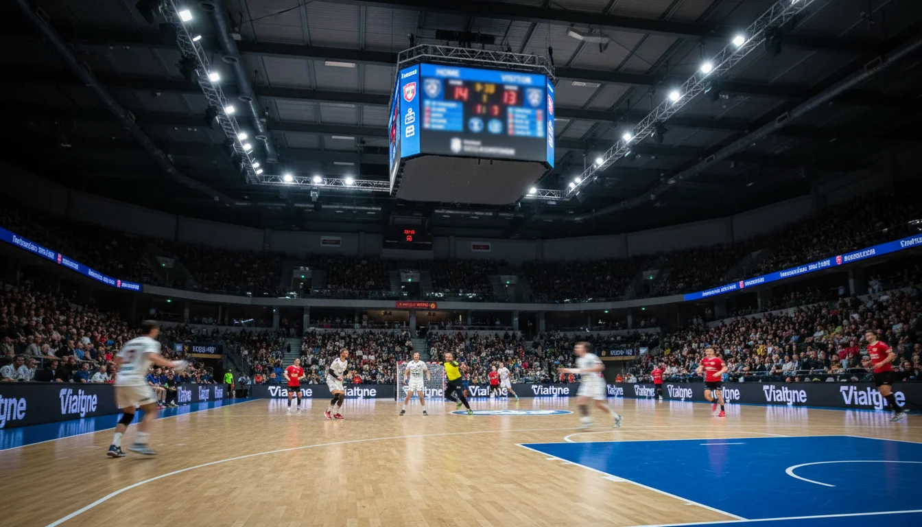 Großes Handball-Anzeigetafel zeigt Live-Spielstand in einer Arena