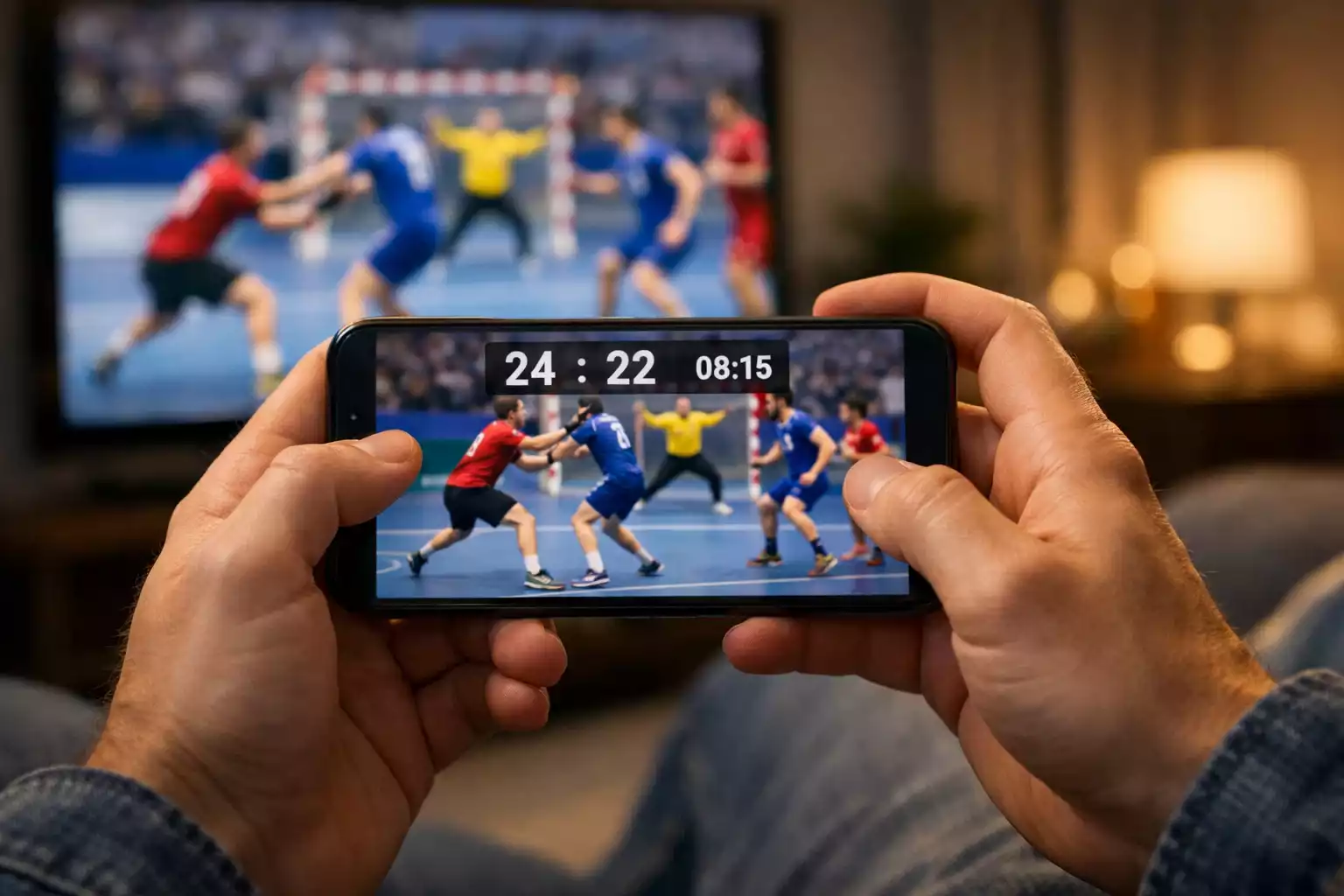 Person verfolgt Handball-Spiel auf dem Smartphone mit Live-Statistiken