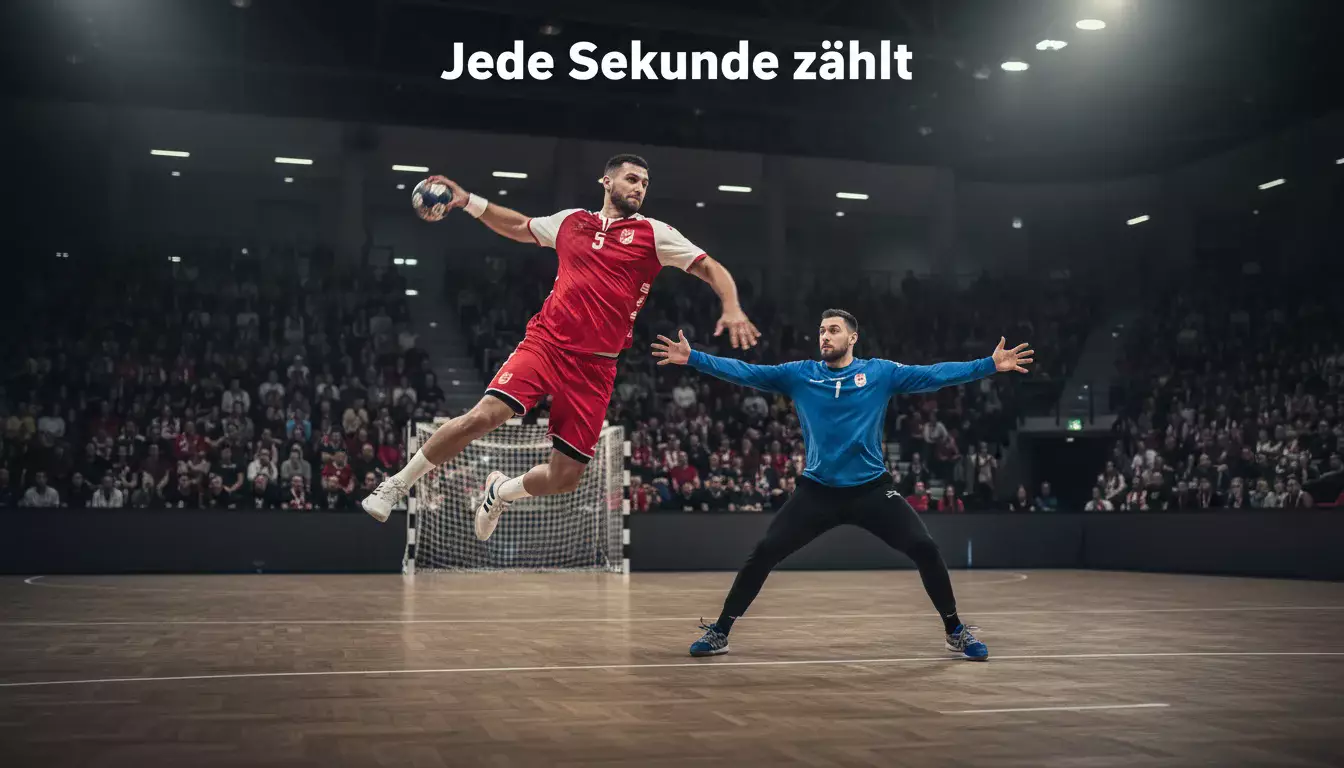 Intensives Handball-Livespiel mit Spielern im Zweikampf vor dem Tor