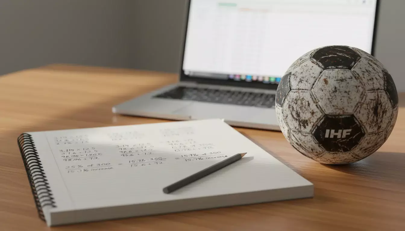 Nahaufnahme eines Notizblocks mit handgeschriebenen Berechnungen neben einem Handball auf einem Schreibtisch