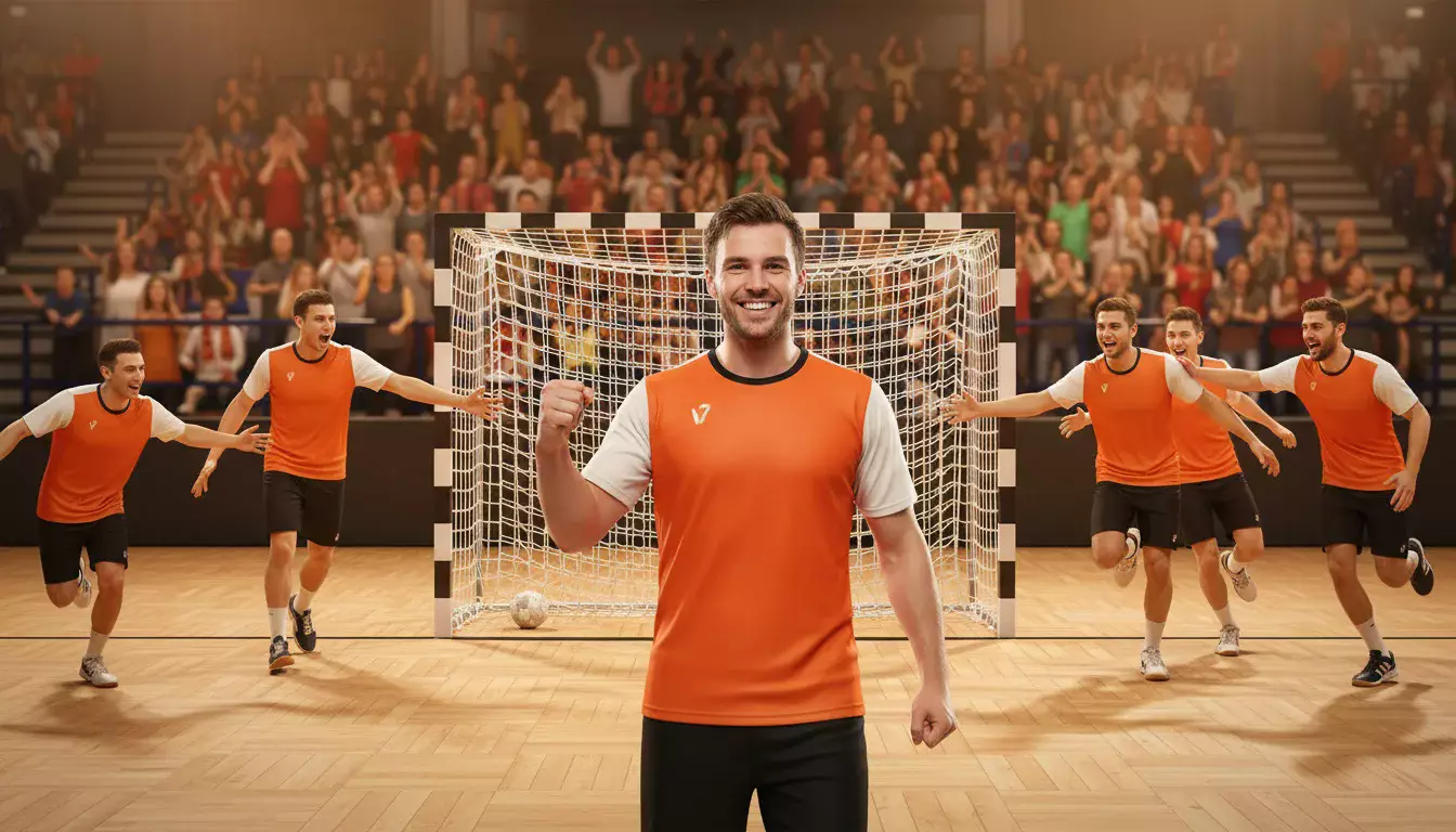 Handballspieler feiert ein Tor – Jubel in der Halle