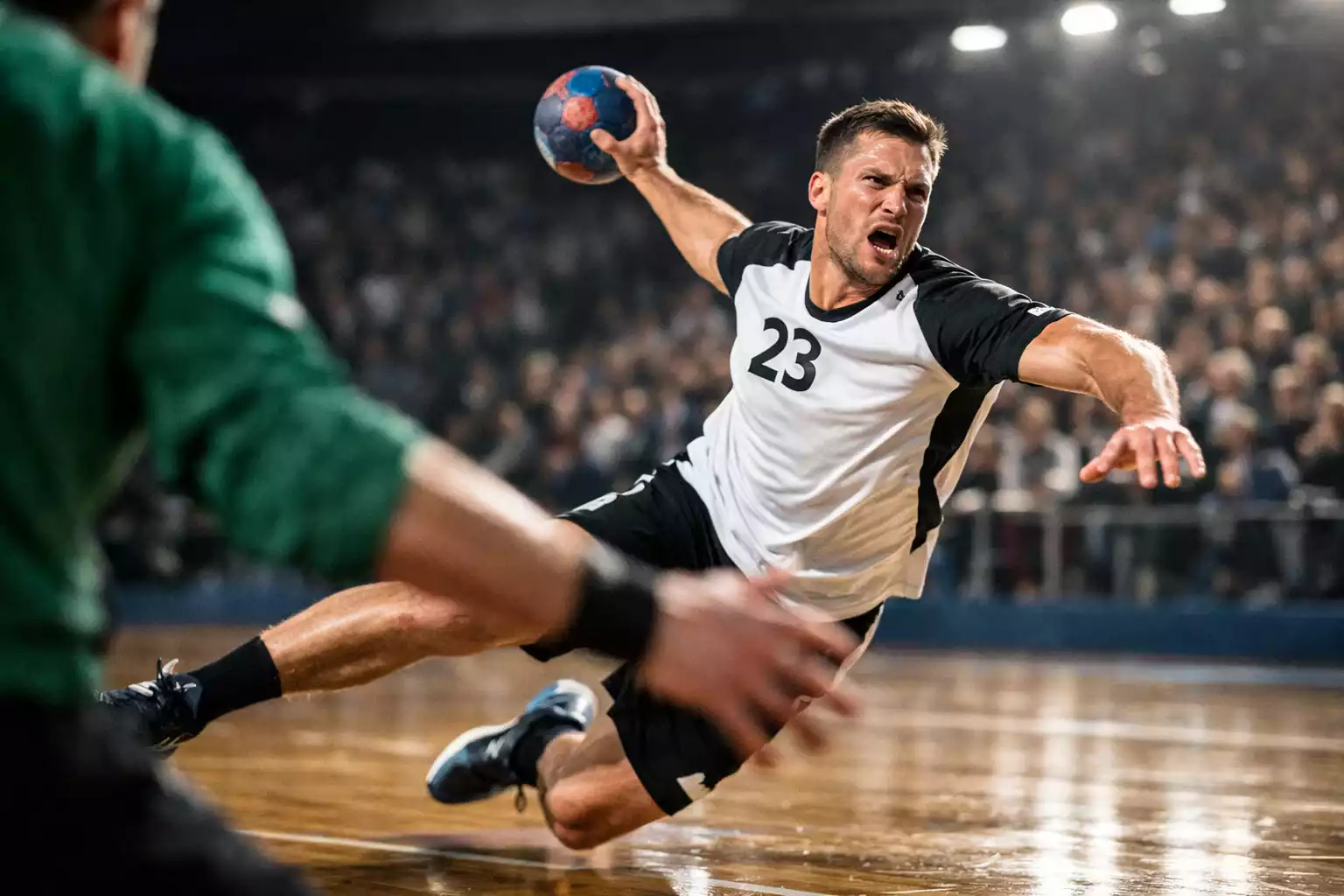 Handball-Spieler in Aktion während eines Ligaspiels