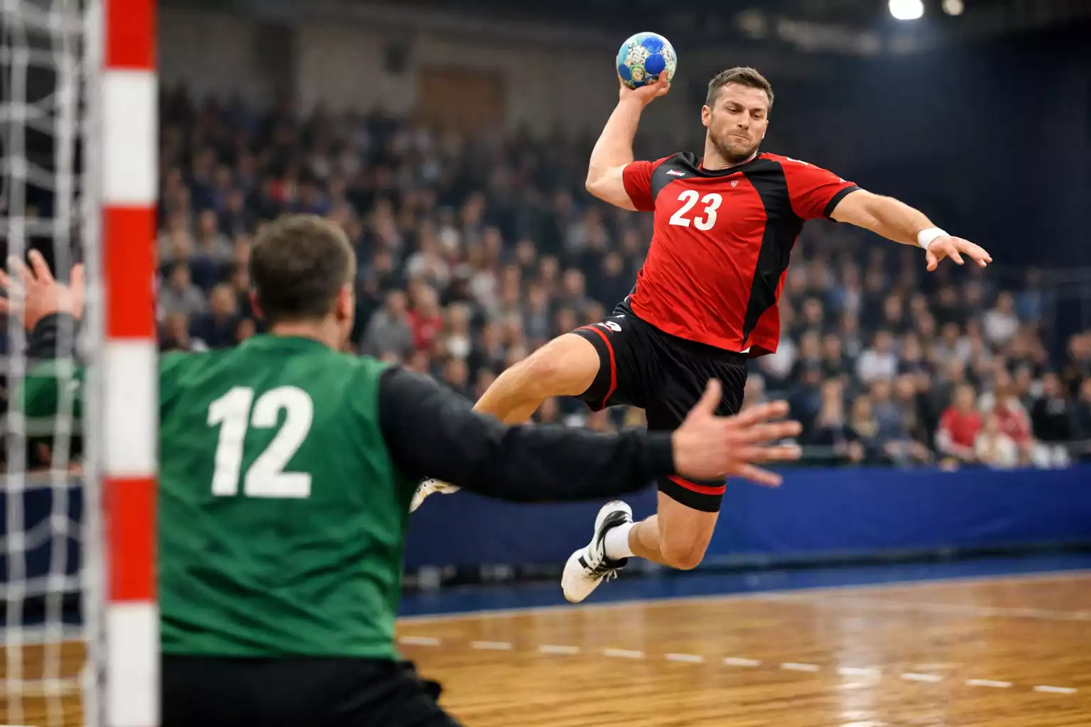 Handballspieler beim Torwurf im Bundesliga-Spiel