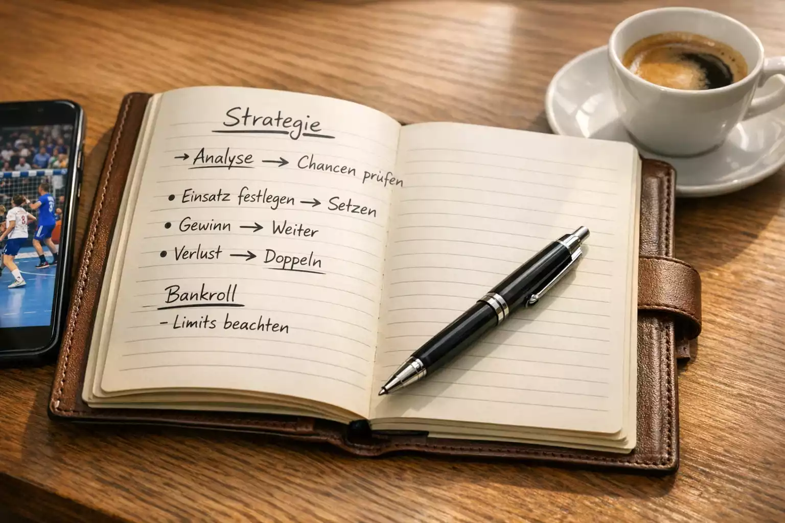 Notizbuch mit handgeschriebener Wett-Strategie und Statistiken