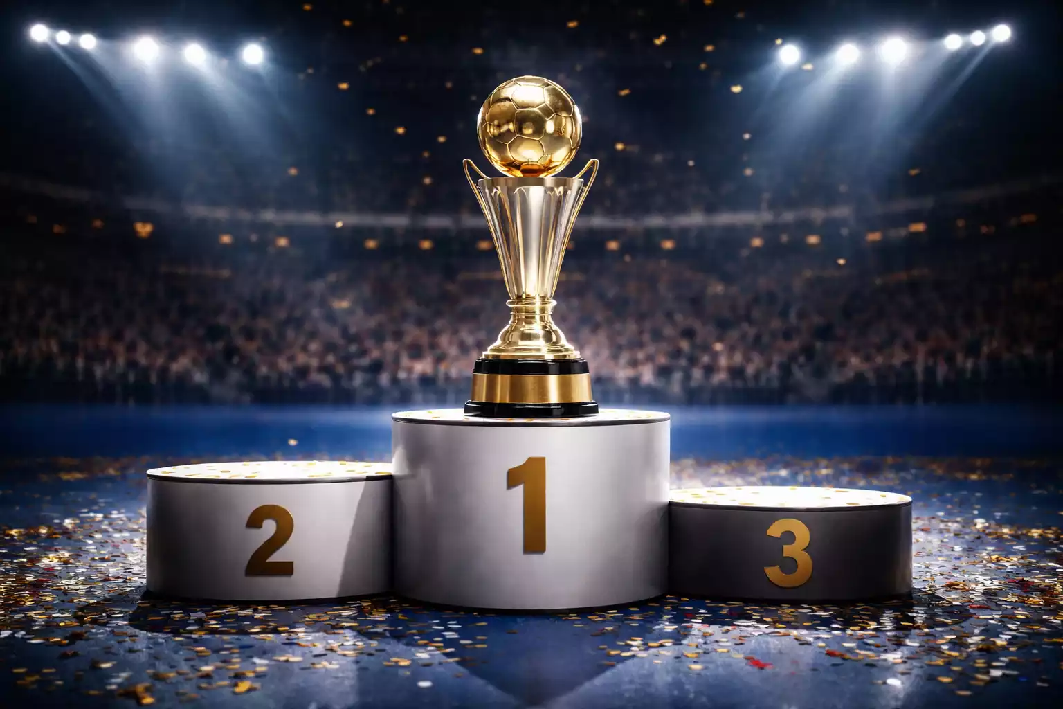 Handball-Turnierpokal auf dem Siegertreppchen