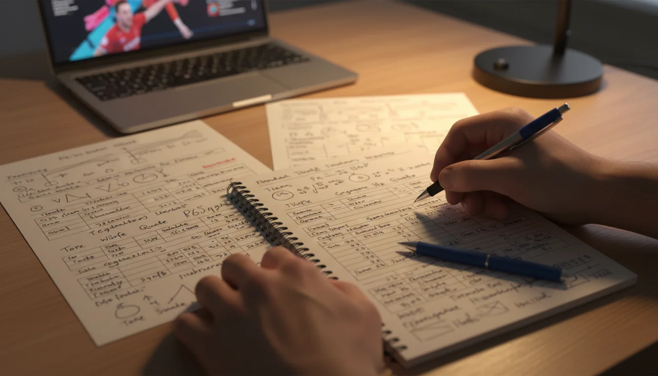 Person analysiert Handball-Statistiken am Schreibtisch mit Notizen