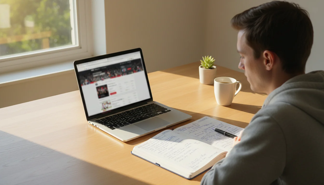 Person analysiert Handball-Wettquoten verschiedener Anbieter auf einem Laptop in einem hellen Büro