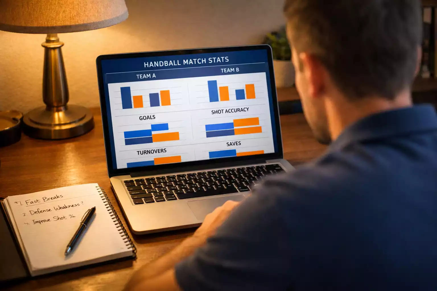 Sportanalyst studiert Handball-Statistiken auf einem Laptop