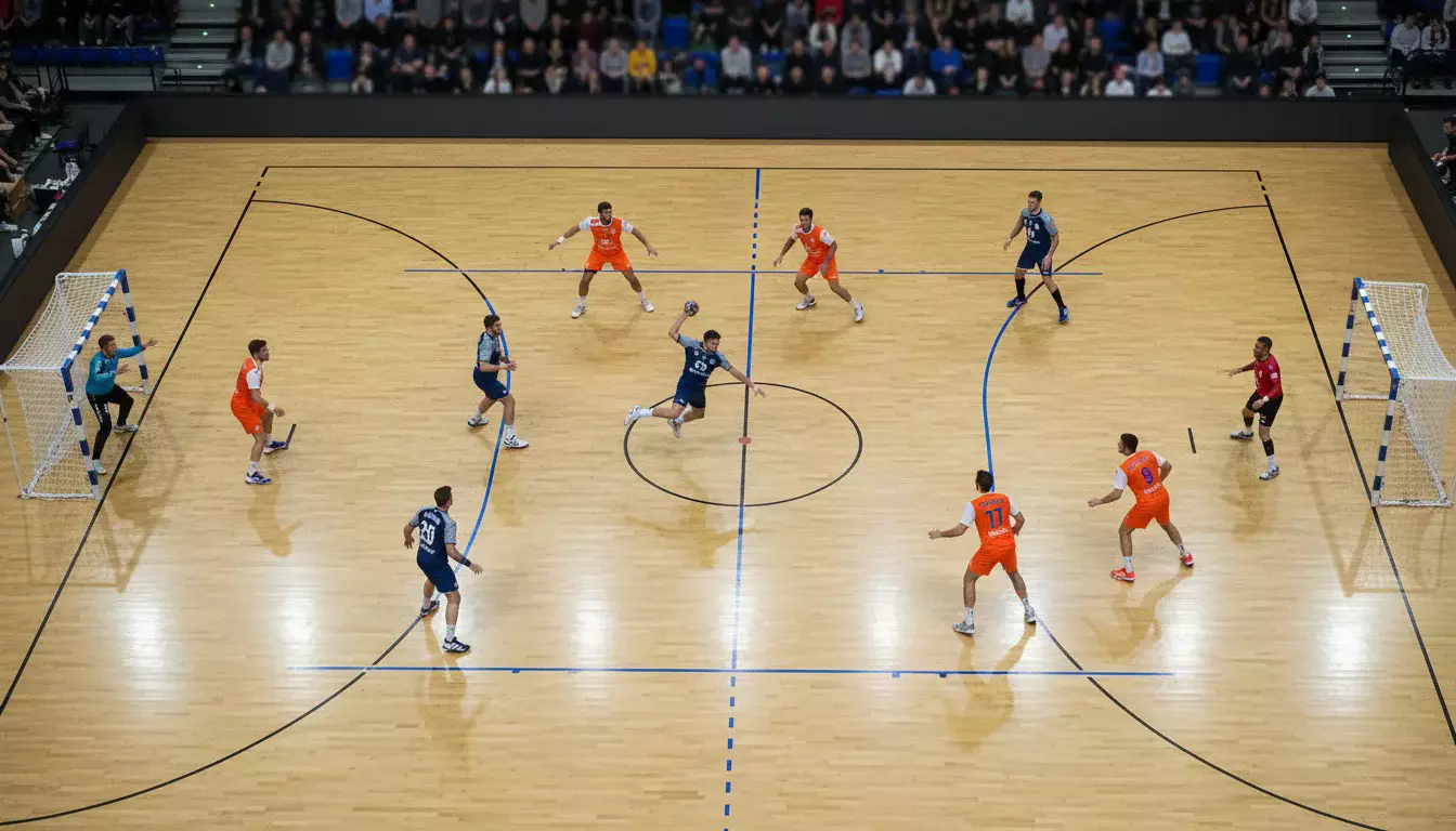 Handball-Spielfeld von oben mit Spielern in Aktion