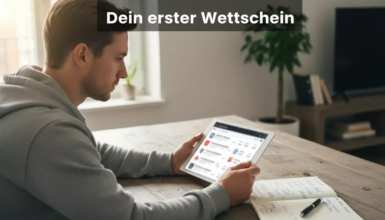 Anfänger studiert Handball-Wettschein auf einem Tablet in entspannter Atmosphäre