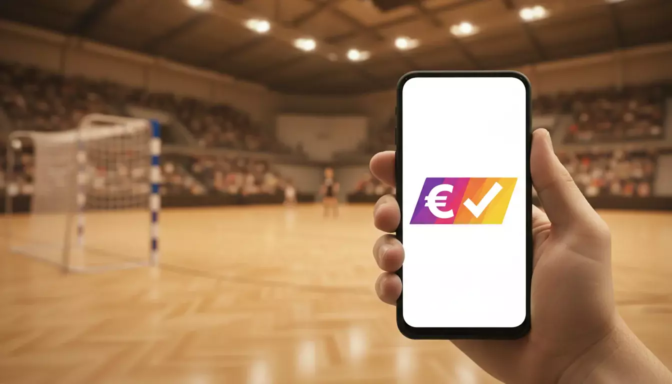 Sportfan hält ein Smartphone mit einem Wettbonus-Angebot vor einem Handball-Spielfeld