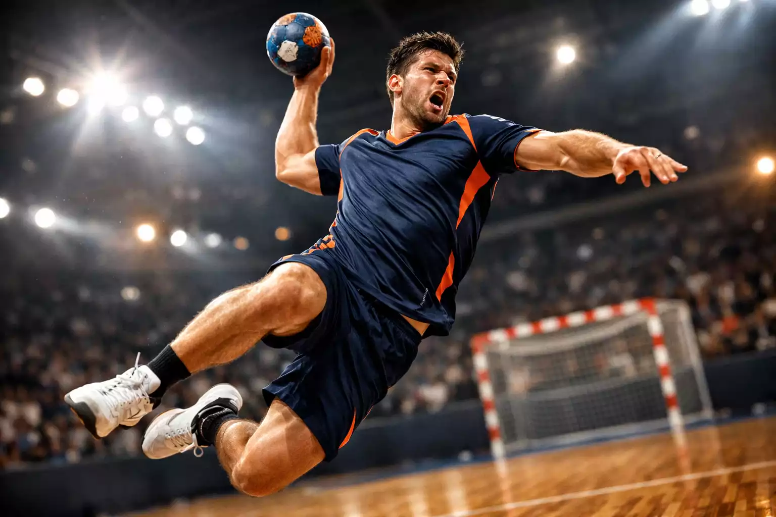Handball-Spieler im dynamischen Wurf während eines Bundesliga-Spiels