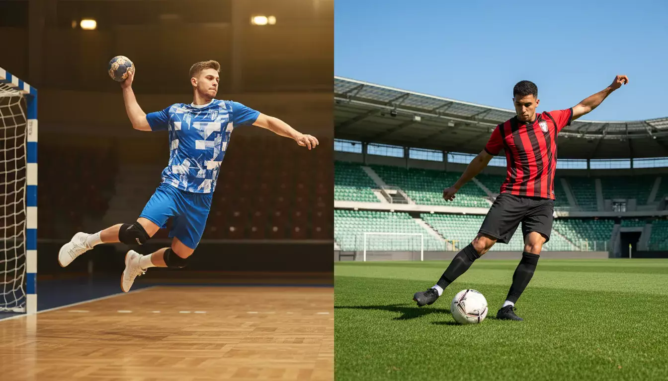 Geteiltes Bild: links ein Handballspieler beim Torwurf in der Halle, rechts ein Fußballspieler auf dem Rasen