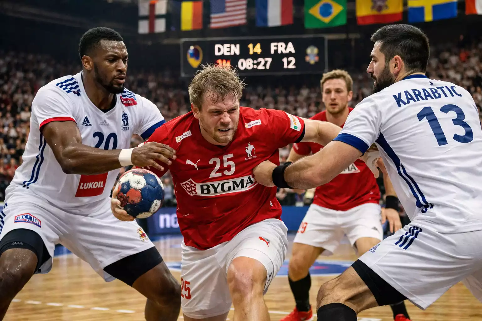 Spieler verschiedener Nationen beim Handball-Turnierspiel