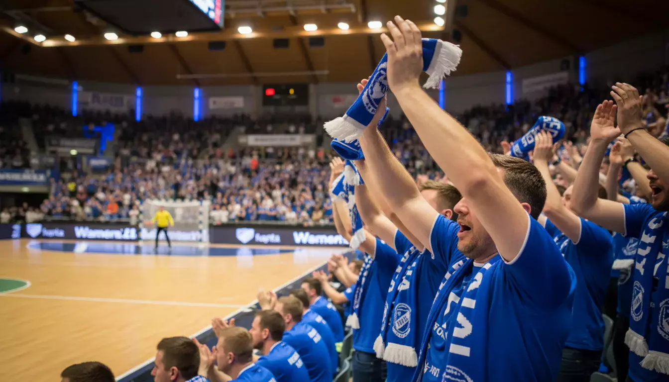 Begeisterte Handball-Fans in einer vollen Heimhalle unterstützen lautstark ihre Mannschaft