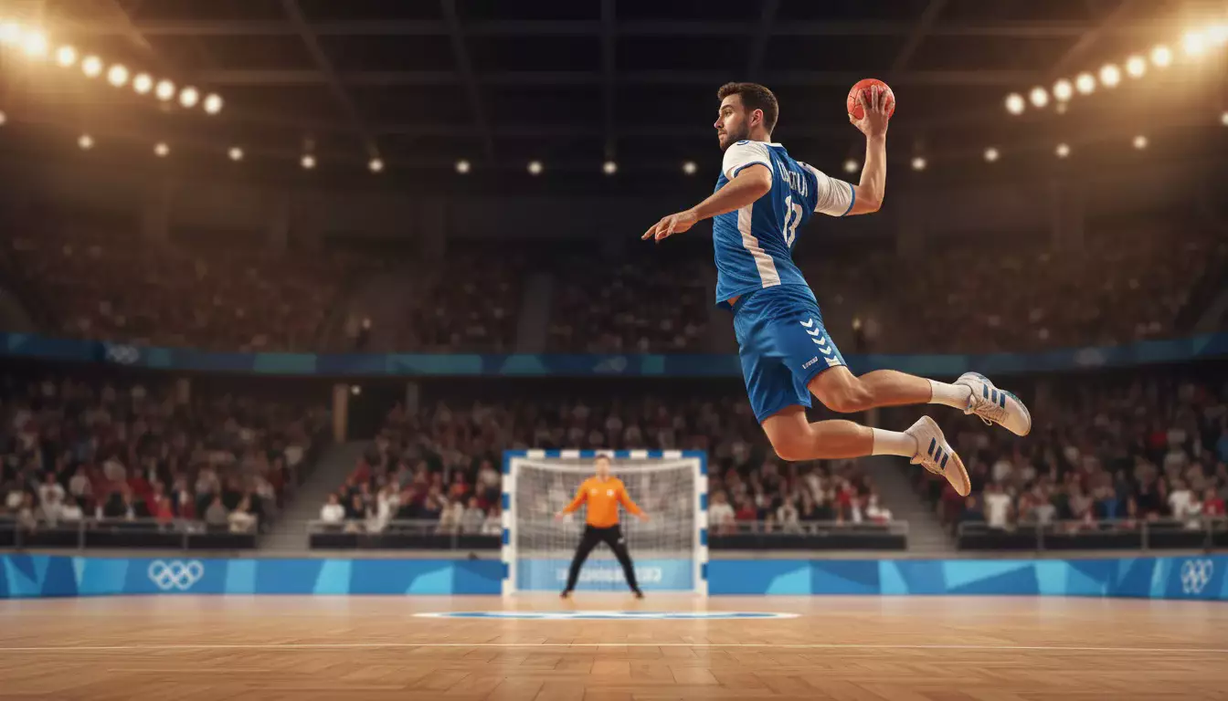 Handballspieler im Nationaltrikot wirft den Ball während eines olympischen Turniers in einer vollen Arena