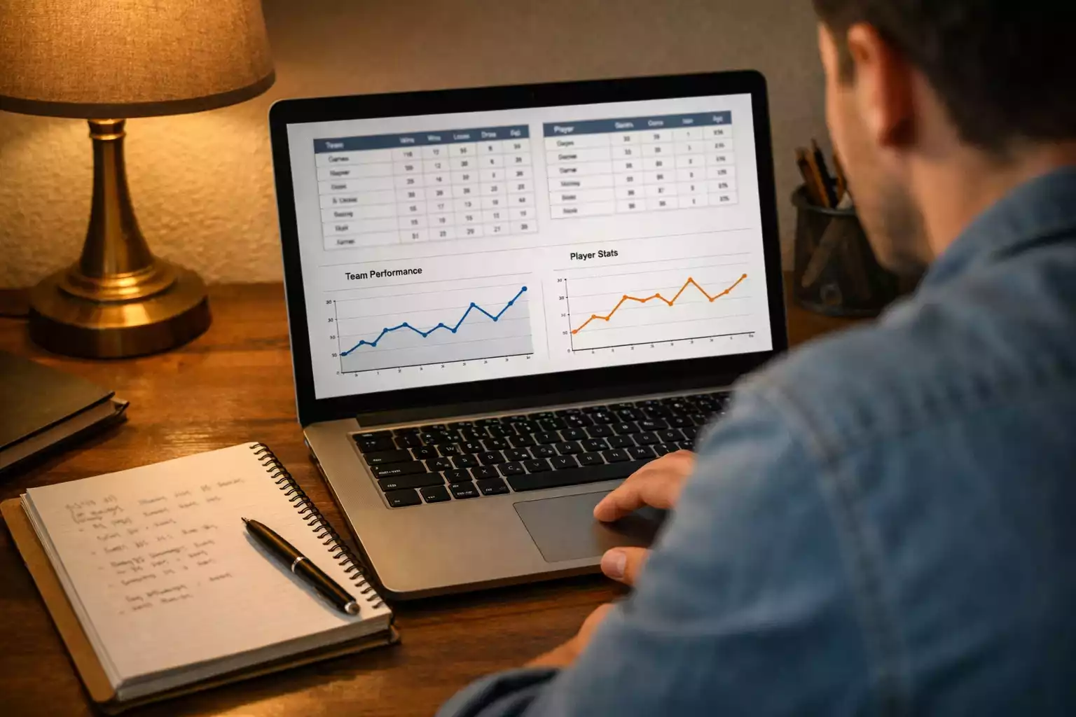 Person analysiert Handball-Statistiken am Laptop