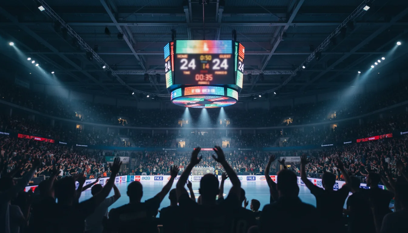 Handball-Anzeigetafel zeigt Gleichstand bei einem spannenden Spiel in einer vollen Halle